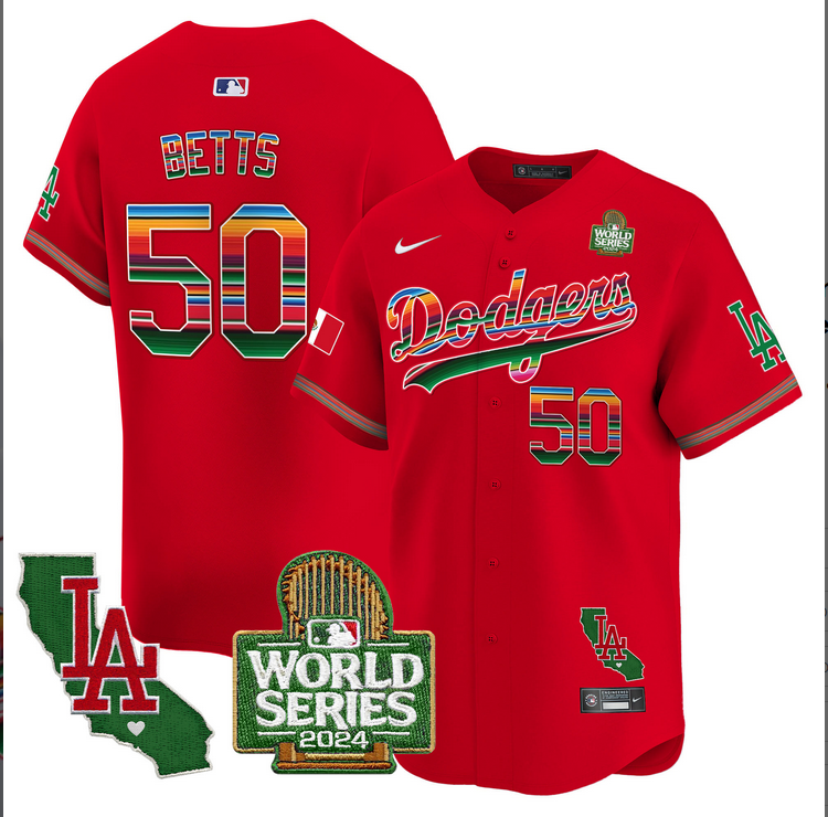 Men MLB Mexico Los Angeles Dodgers 50 betts red 2024 World Series Champions Patch Jersey 2024110